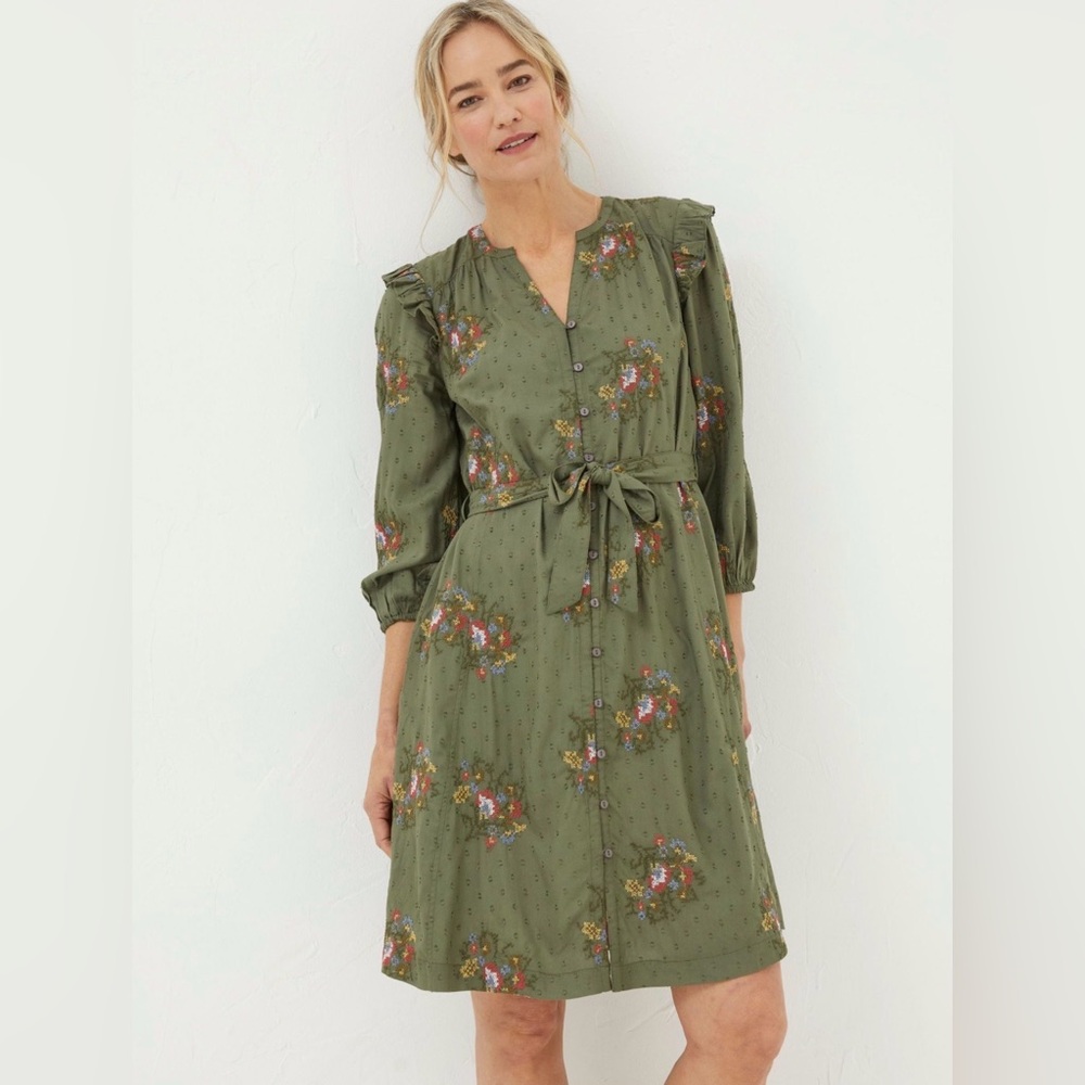 Fat Face Olive Floral Embroidered Long Sleeve Dress. Size 2